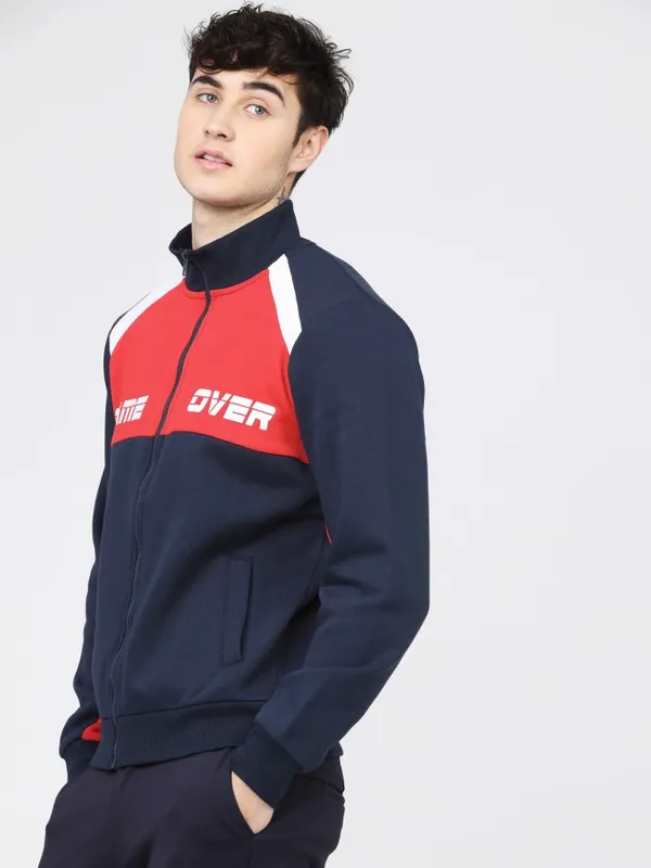 Highlander Men Navy Blue High Neck Front-Open Sweatshirt