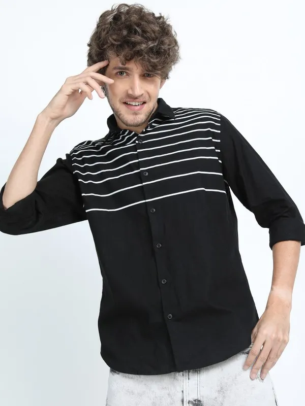  Ketch Men Black Striped Slim Fit Casual Shirts