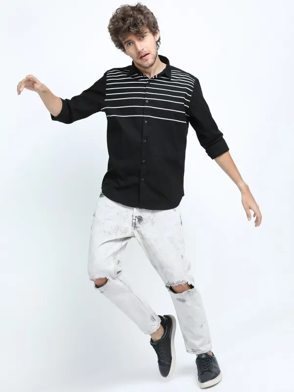  Ketch Men Black Striped Slim Fit Casual Shirts