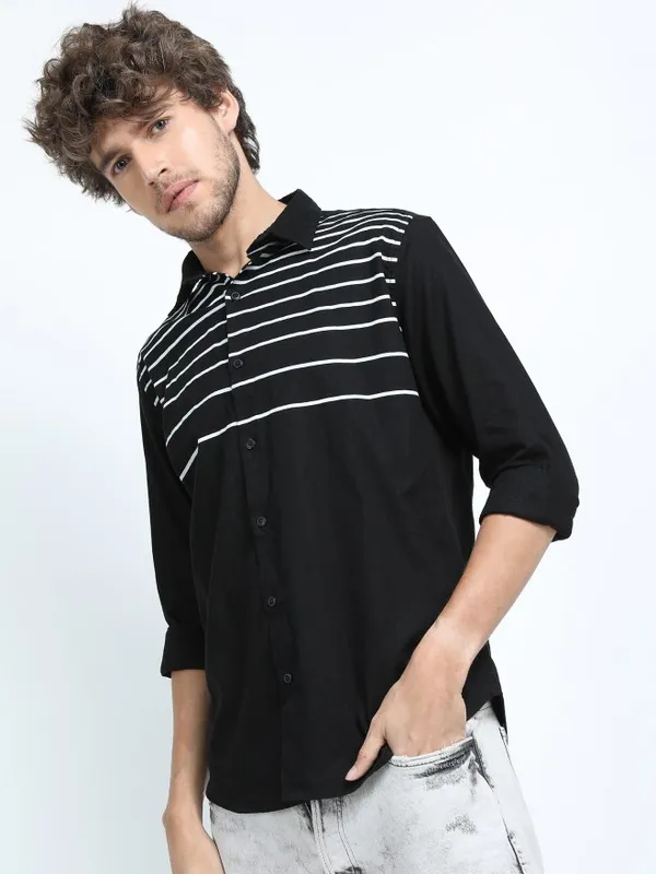  Ketch Men Black Striped Slim Fit Casual Shirts