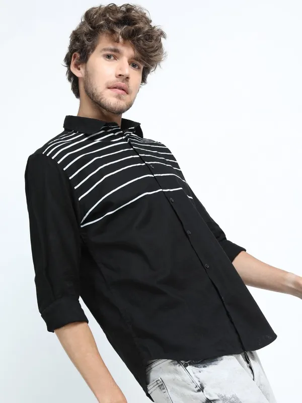  Ketch Men Black Striped Slim Fit Casual Shirts