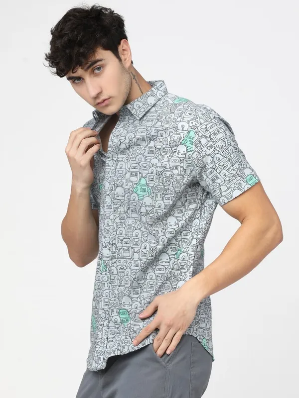  Ketch Men Grey Printed Slim Fit Casual Shirts