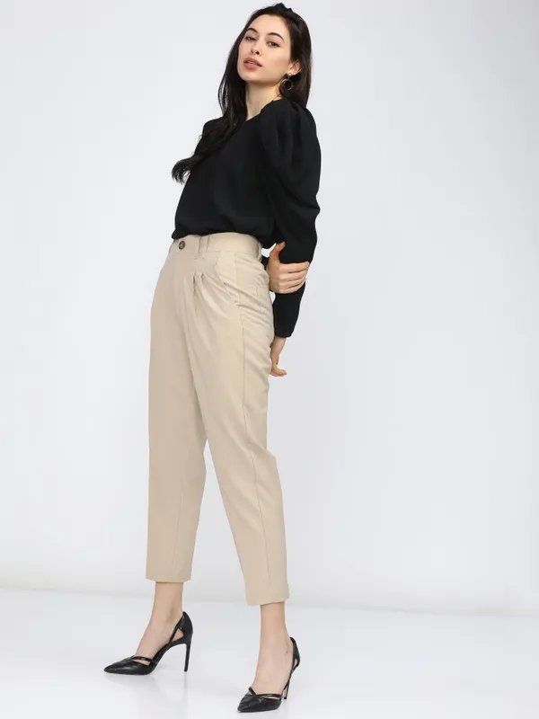  Tokyo Talkies Women Beige Solid Tapered Fit Casual Trousers