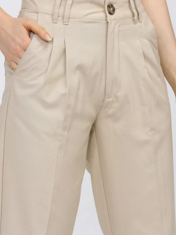  Tokyo Talkies Women Beige Solid Tapered Fit Casual Trousers