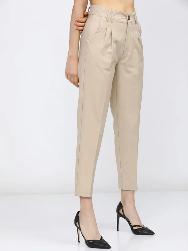  Tokyo Talkies Women Beige Solid Tapered Fit Casual Trousers