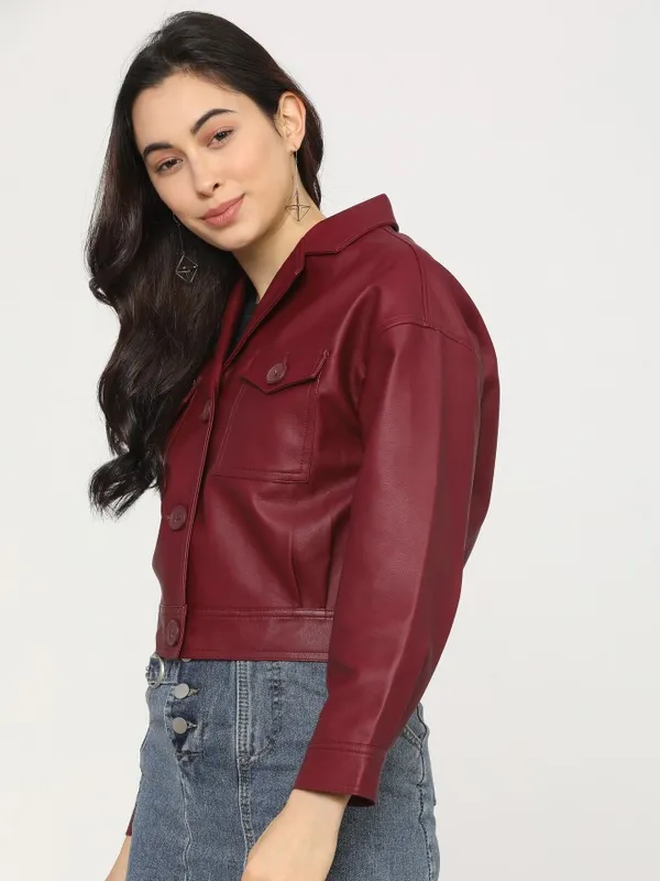  Tokyo Talkies Women Burgundy Open Front Jacket Jackets