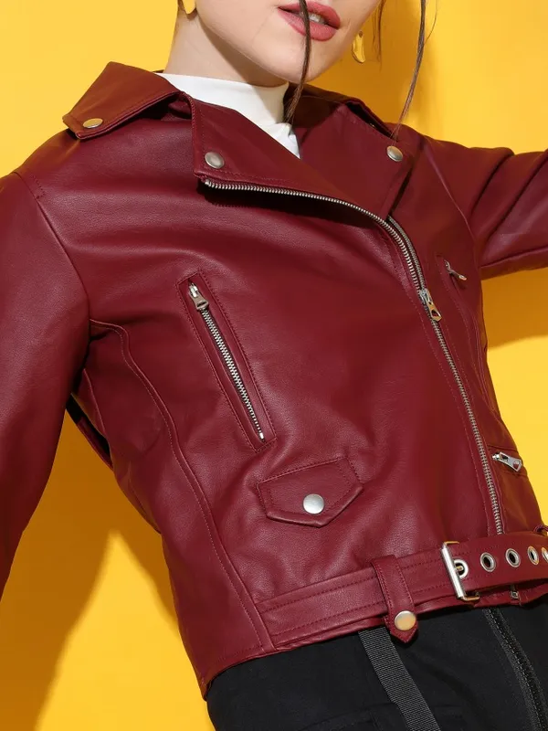  Tokyo Talkies Women Burgundy Biker Jacket Jackets