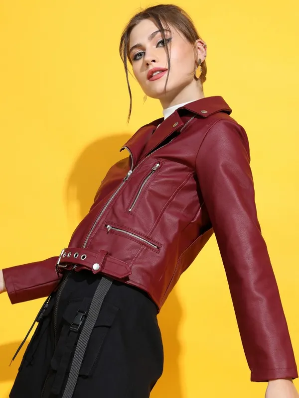 Tokyo Talkies Women Burgundy Biker Jacket Jackets