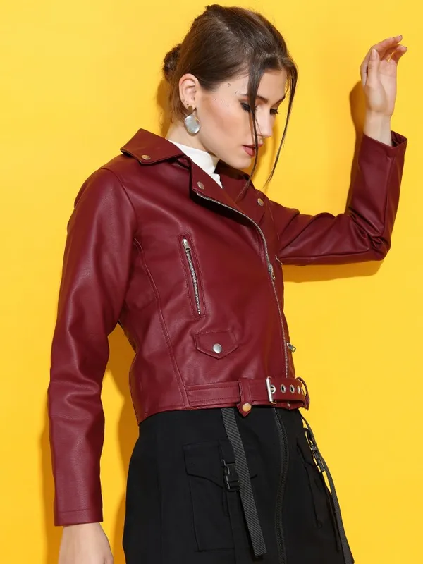  Tokyo Talkies Women Burgundy Biker Jacket Jackets
