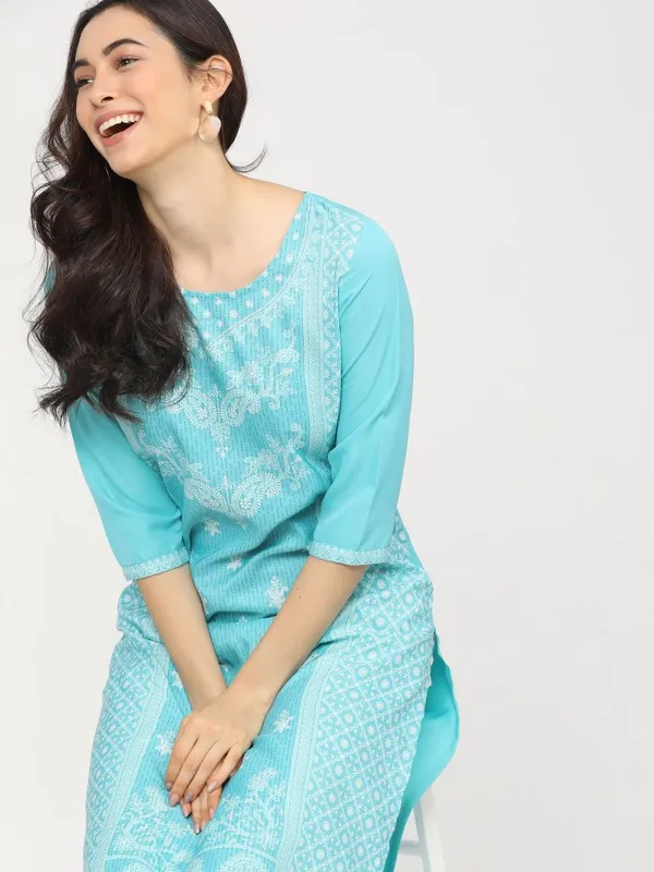  Ketch Women Blue Printed Straight Kurtas