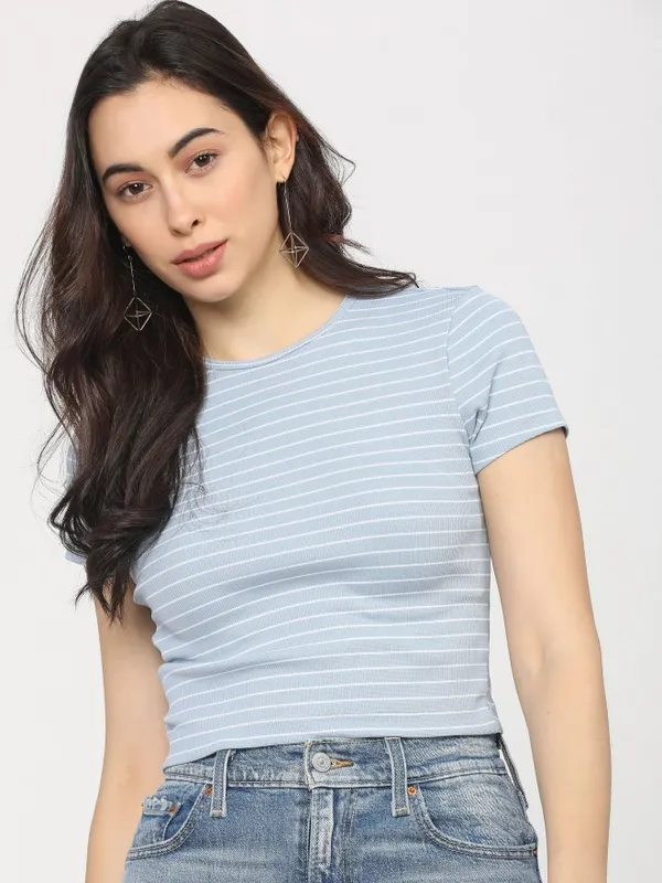  Tokyo Talkies Women Blue Striped Regular Tops