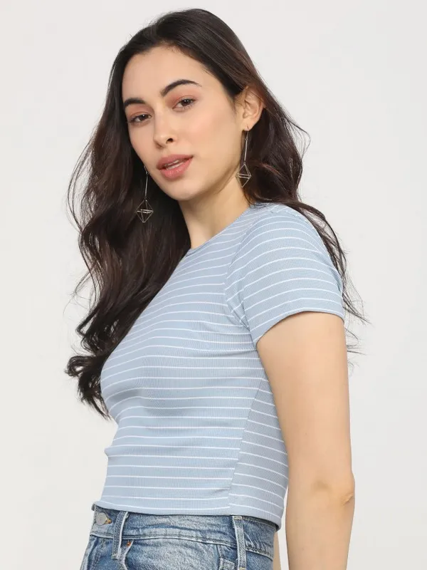  Tokyo Talkies Women Blue Striped Regular Tops