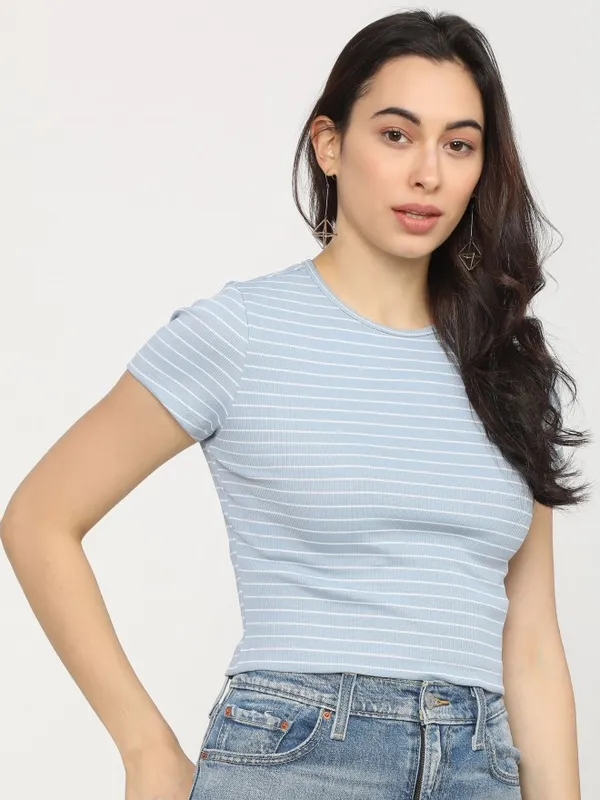  Tokyo Talkies Women Blue Striped Regular Tops