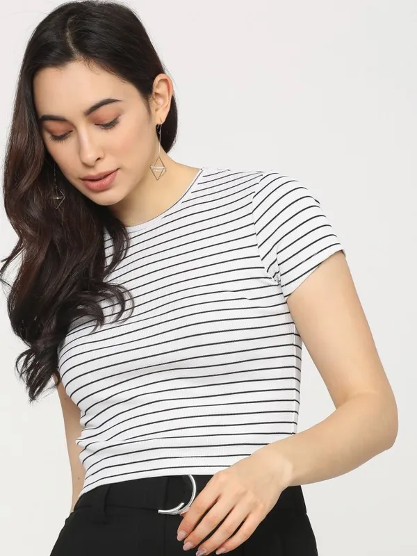  Tokyo Talkies Women White Striped Regular Tops