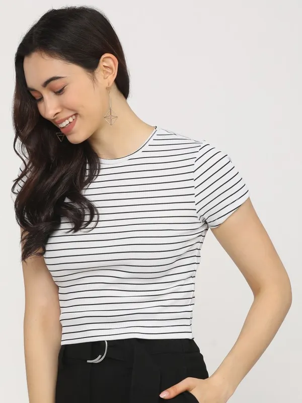  Tokyo Talkies Women White Striped Regular Tops