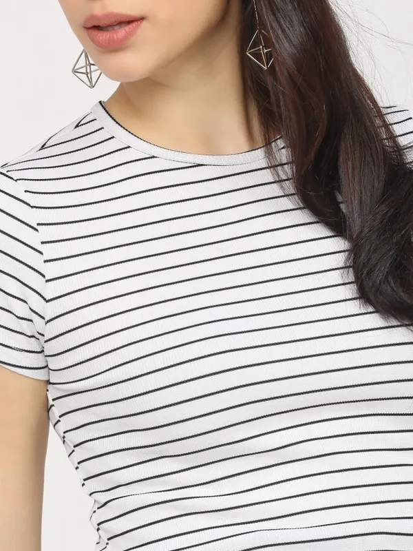  Tokyo Talkies Women White Striped Regular Tops