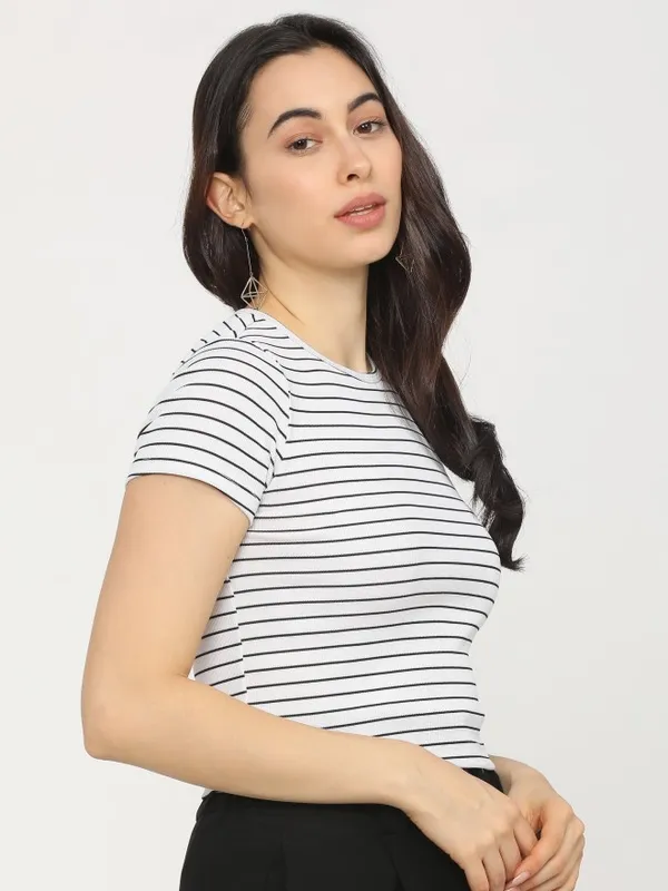  Tokyo Talkies Women White Striped Regular Tops