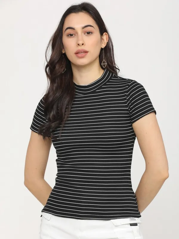  Tokyo Talkies Women Black Striped Fitted Tops