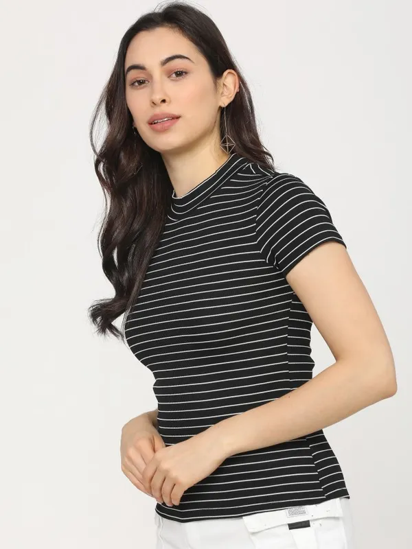  Tokyo Talkies Women Black Striped Fitted Tops