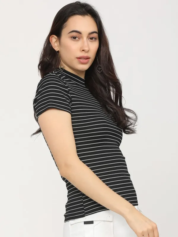  Tokyo Talkies Women Black Striped Fitted Tops