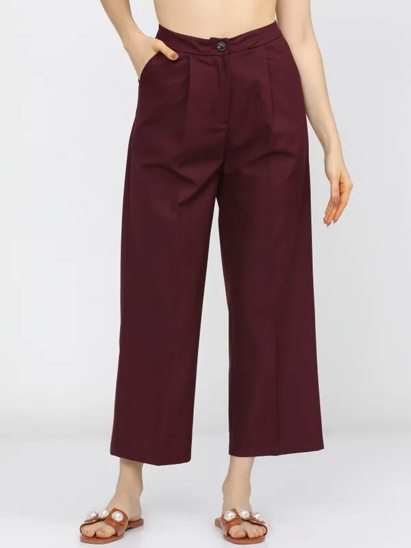  Tokyo Talkies Women Burgundy Solid Flared Casual Trousers