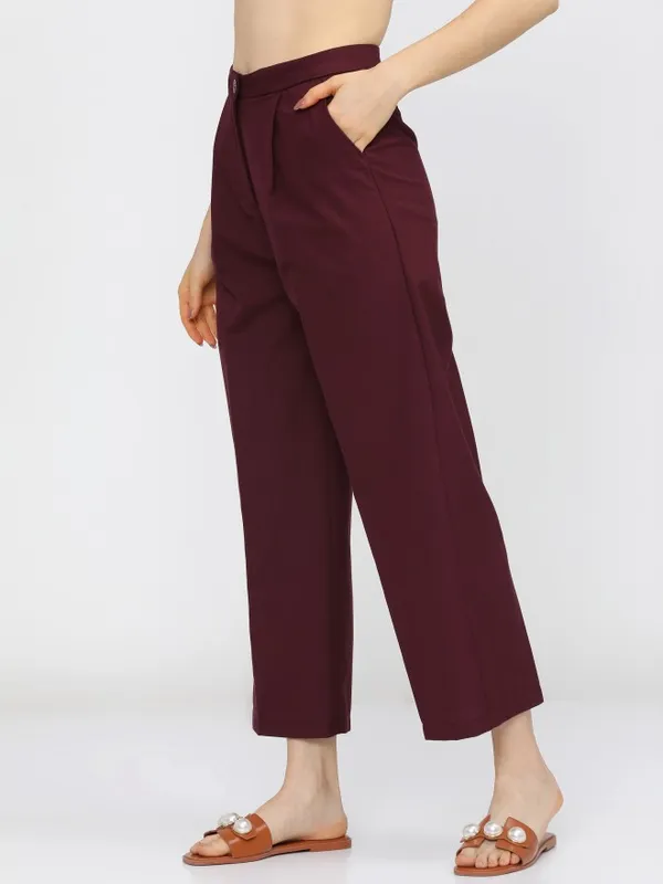  Tokyo Talkies Women Burgundy Solid Flared Casual Trousers