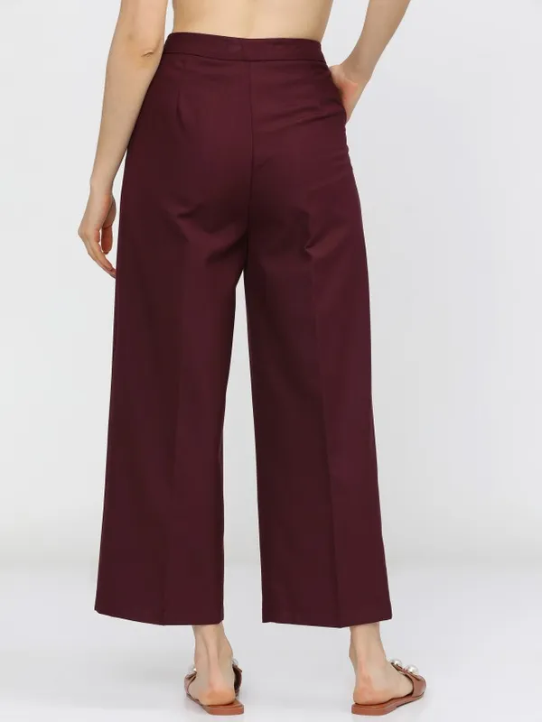  Tokyo Talkies Women Burgundy Solid Flared Casual Trousers