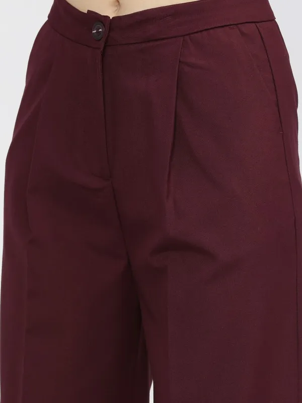  Tokyo Talkies Women Burgundy Solid Flared Casual Trousers