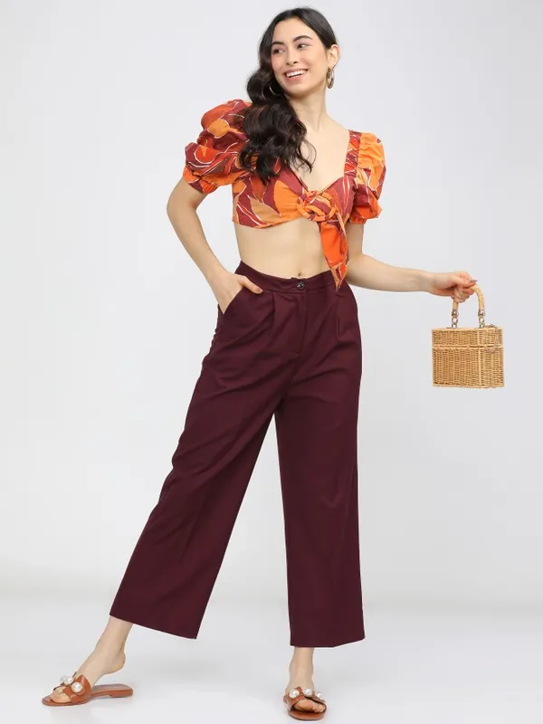  Tokyo Talkies Women Burgundy Solid Flared Casual Trousers