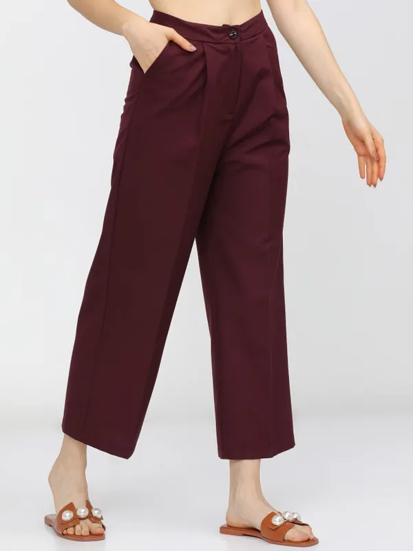  Tokyo Talkies Women Burgundy Solid Flared Casual Trousers