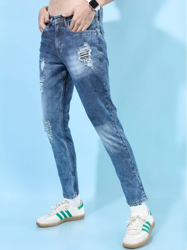  Highlander Men Blue Tapered Fit Highly Distressed Jeans