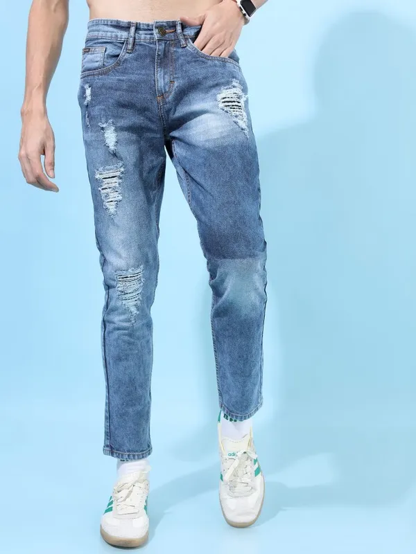  Highlander Men Blue Tapered Fit Highly Distressed Jeans