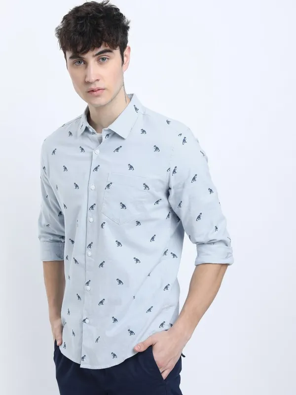  Ketch Men Blue Printed Slim Fit Casual Shirts