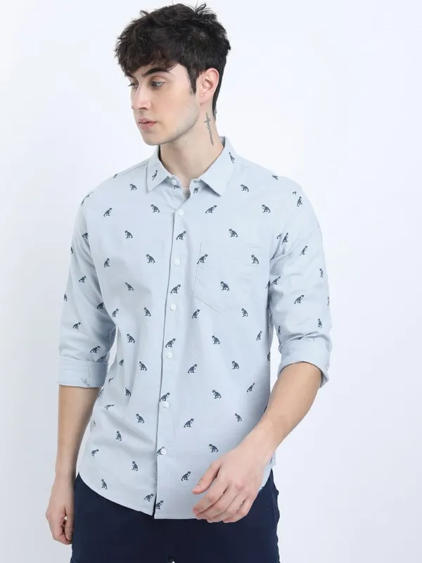  Ketch Men Blue Printed Slim Fit Casual Shirts