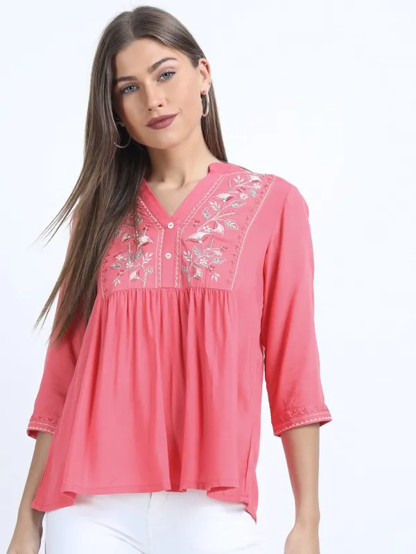 Vishudh Women Pink Embroidery Empire Tops