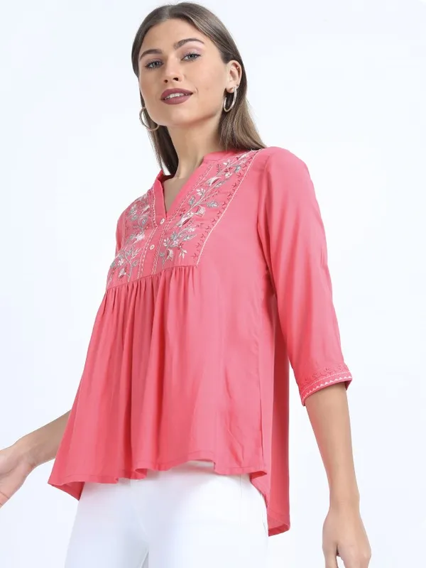Vishudh Women Pink Embroidery Empire Tops