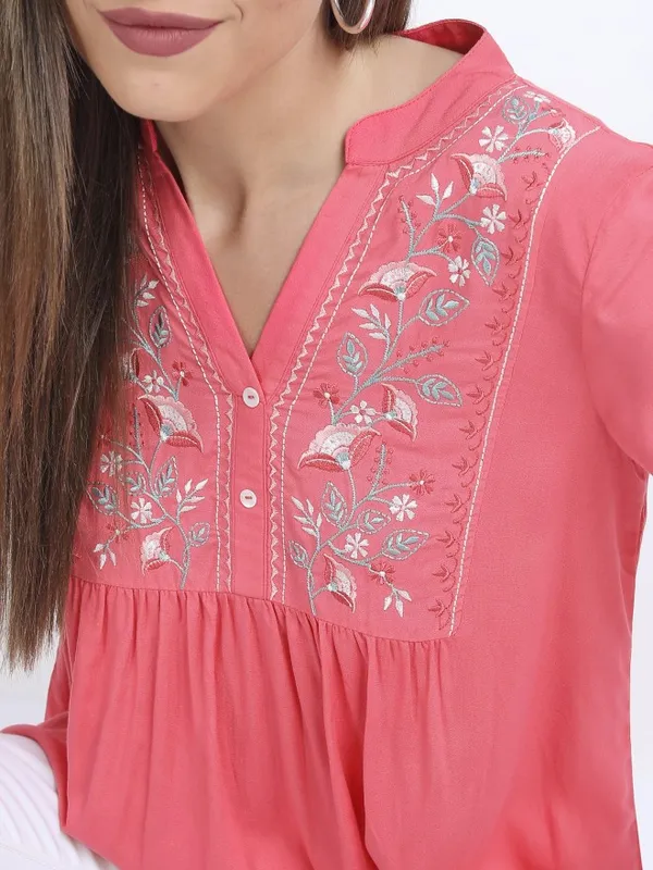 Vishudh Women Pink Embroidery Empire Tops