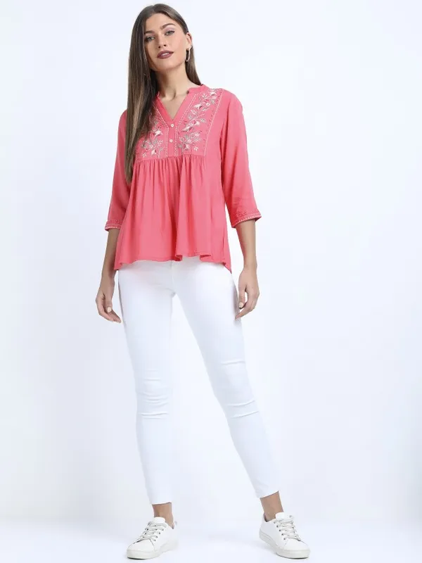 Vishudh Women Pink Embroidery Empire Tops