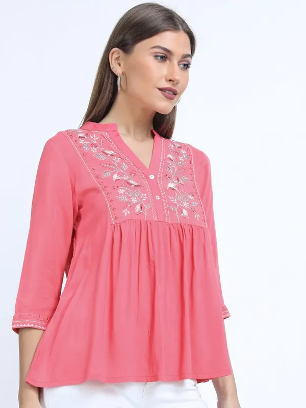 Vishudh Women Pink Embroidery Empire Tops