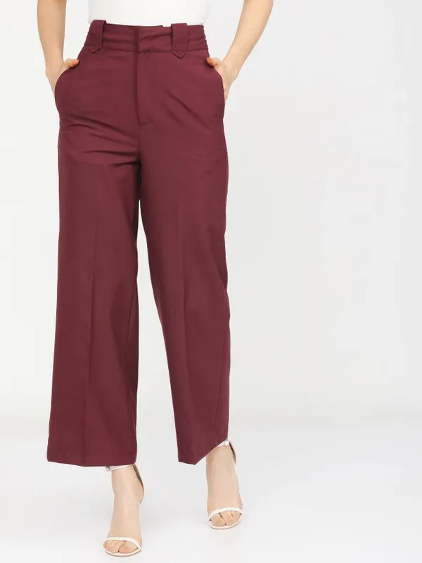  Tokyo Talkies Women Burgundy Solid Flared Casual Trousers