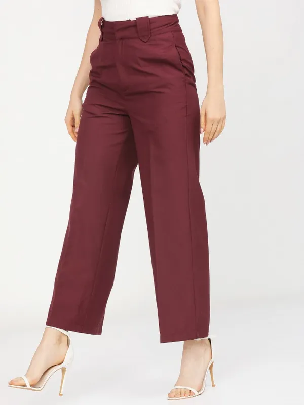  Tokyo Talkies Women Burgundy Solid Flared Casual Trousers