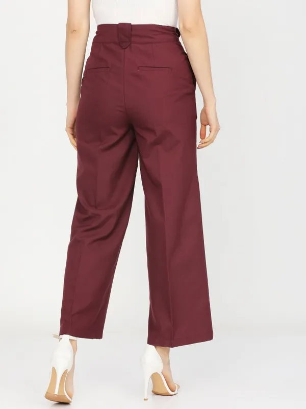  Tokyo Talkies Women Burgundy Solid Flared Casual Trousers