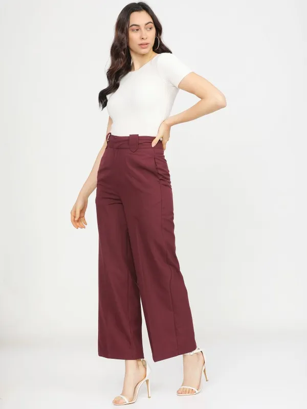  Tokyo Talkies Women Burgundy Solid Flared Casual Trousers