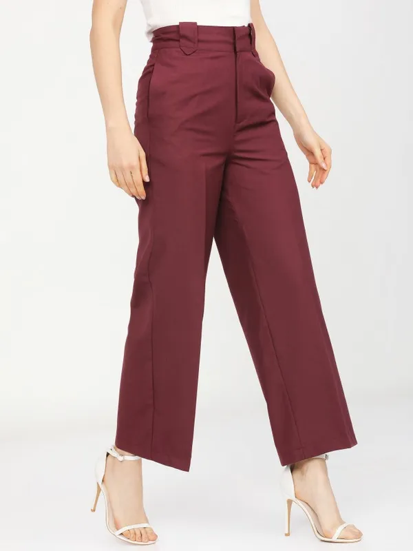  Tokyo Talkies Women Burgundy Solid Flared Casual Trousers