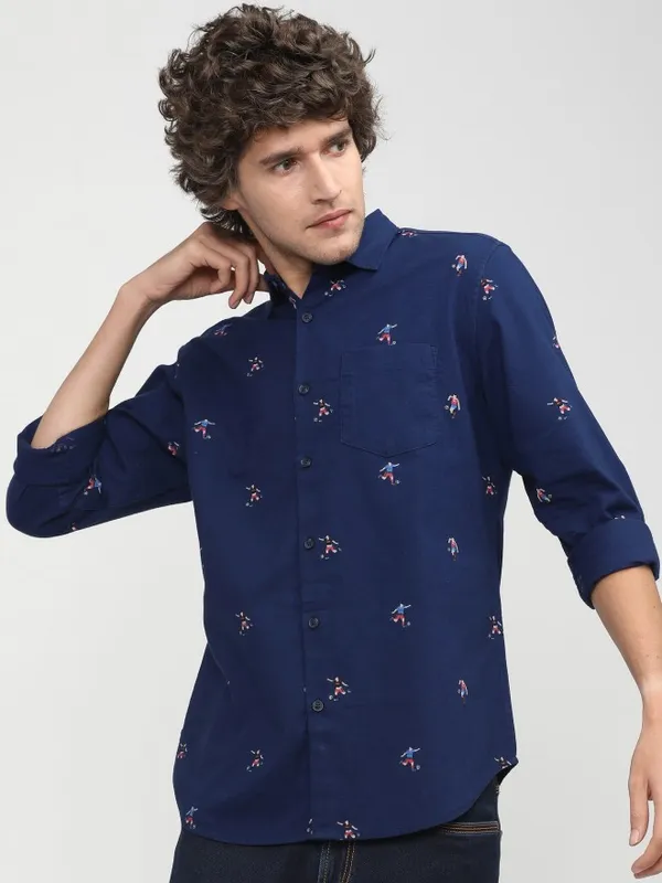  Ketch Men Navy Blue Printed Slim Fit Casual Shirts