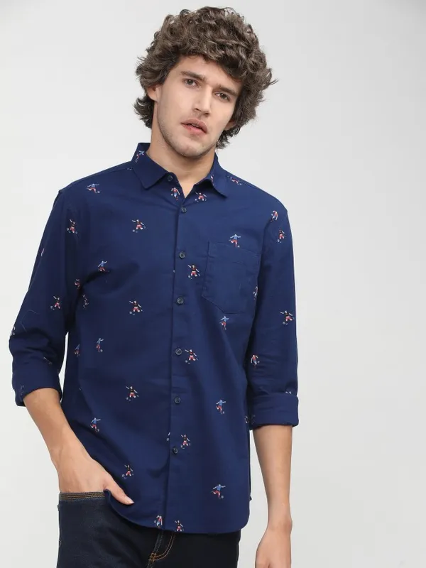  Ketch Men Navy Blue Printed Slim Fit Casual Shirts