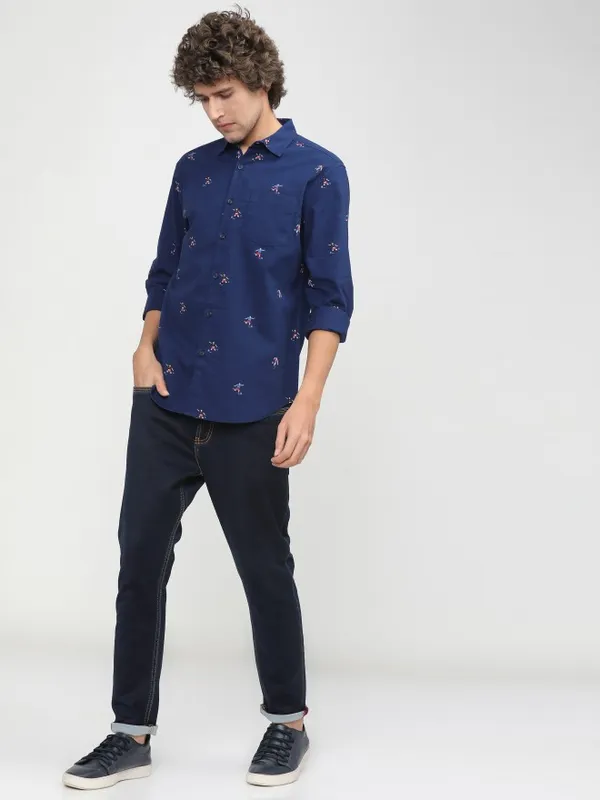  Ketch Men Navy Blue Printed Slim Fit Casual Shirts