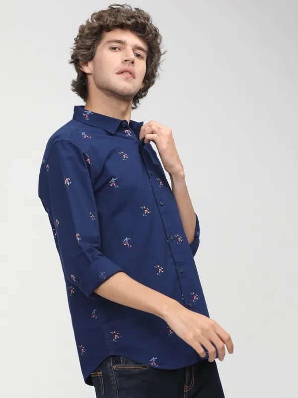  Ketch Men Navy Blue Printed Slim Fit Casual Shirts