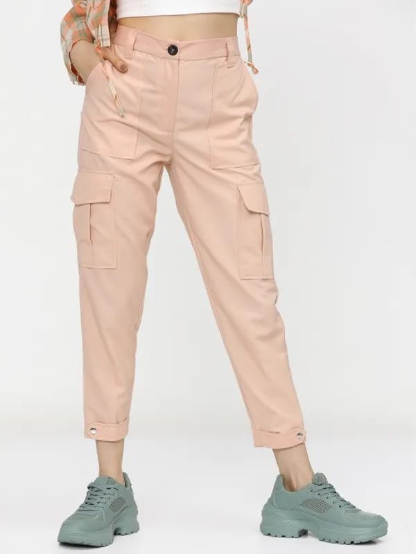  Tokyo Talkies Women Pink Solid Tapered Fit Casual Trousers