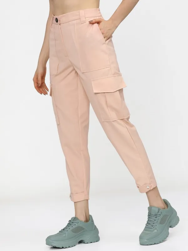  Tokyo Talkies Women Pink Solid Tapered Fit Casual Trousers